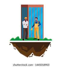interracial male builders constructors with building