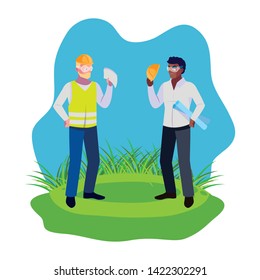 interracial male builders constructors on the lawn
