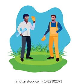 interracial male builders constructors on the lawn