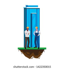 interracial male builders workers with building
