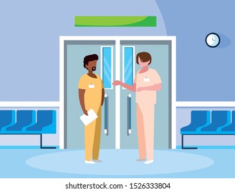 interracial male medicine workers in elevator door vector illustration design