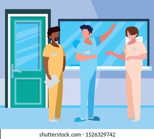 interracial male medicine workers in hospital reception vector illustration design