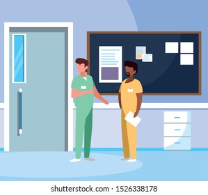 interracial male medicine workers in hospital corridor vector illustration design