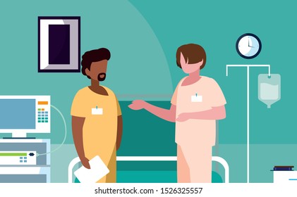 interracial male medicine workers in operating theater vector illustration design