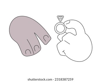 Interracial marriage monochromatic flat vector hands. Put diamond ring on finger. Mixed race couple. Editable line pov closeup clip art on white. Simple bw cartoon spot image for web graphic design