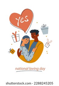 Interracial marriage of people. National Loving Day. Present. A black man hugs a white woman. Mixed marriage. Diversity. Vector illustration