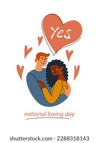 Interracial marriage of people. National Loving Day. A white man hugs a black woman. Mixed marriage. Diversity. Vector illustration