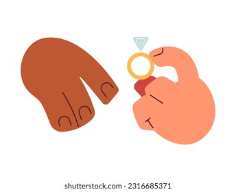 Interracial marriage semi flat colorful vector hands. Put diamond ring on finger. Mixed race couple. Editable pov closeup clip art on white. Simple cartoon spot illustration for web graphic design