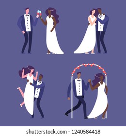 Interracial marriage, wedding couples vector illustration characters