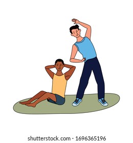 interracial men athletes practicing exercise characters vector illustration design