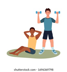 interracial men athletes practicing exercise characters vector illustration design