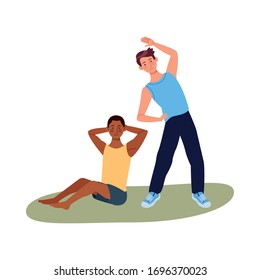 interracial men athletes practicing exercise characters vector illustration design