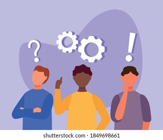 interracial men doubting with question marks and gears vector illustration design