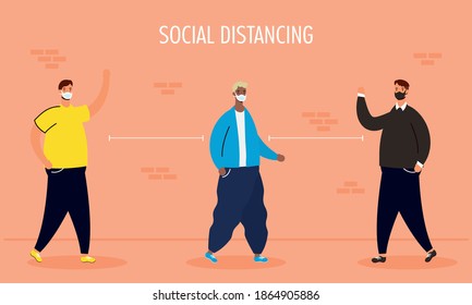 interracial men group practicing social distancing characters vector illustration design