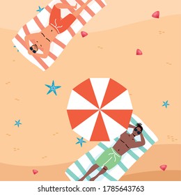 interracial men on the beach practicing social distance vector illustration design