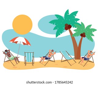 interracial men on the beach practicing social distance vector illustration design