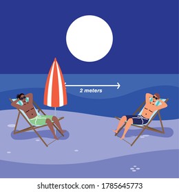 interracial men on the beach practicing social distance vector illustration design