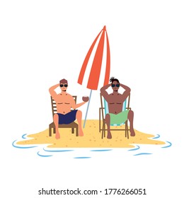 interracial men relaxing on the beach seated in chairs and umbrella vector illustration design