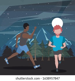 interracial men running at night in the field scene vector illustration design