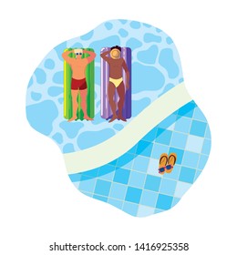interracial men with swimsuit and float mattress in water