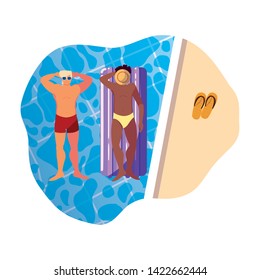 interracial men with swimsuit and float mattress in water