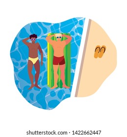 interracial men with swimsuit and float mattress in water