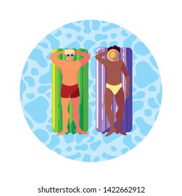 interracial men with swimsuit and float mattress in water