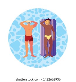 interracial men with swimsuit and float mattress in water