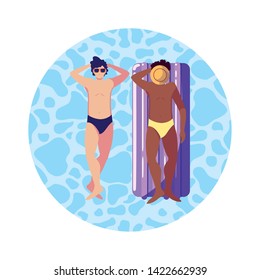 interracial men with swimsuit and float mattress in water