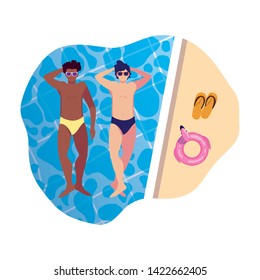 interracial men with swimsuit floating in pool