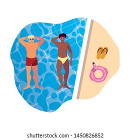 interracial men with swimsuit floating in pool