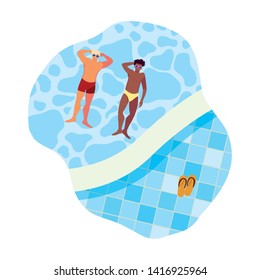 interracial men with swimsuit floating in water