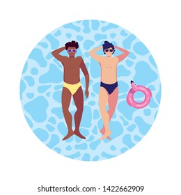 interracial men with swimsuit floating in water