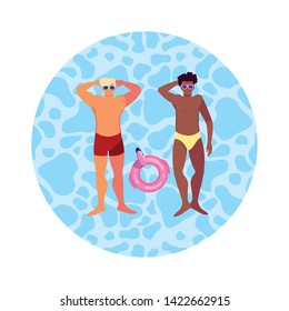 interracial men with swimsuit floating in water