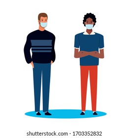 interethnische Männer mit Gesichtsmaske für covid19 Vektorillustration-Illustrationsdesign