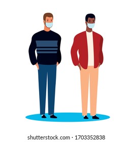interracial men using face mask for covid19 vector illustration design