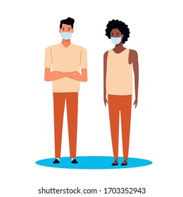 interracial men using face mask for covid19 vector illustration design