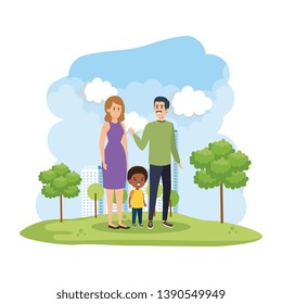interracial parents couple with son in the park scene