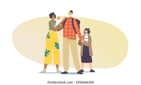 Interracial Parents and Kids. Multicultural and Multiracial Happy Family Characters Caucasian Father, African American Mother and Mixed Children Holding Hands. Cartoon People Vector Illustration