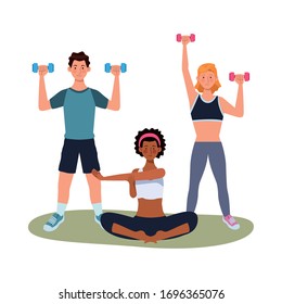 interracial people athletes practicing exercise characters vector illustration design