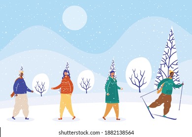 interracial people group wearing winter clothes practicing ski in the snowscape vector illustration design