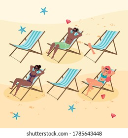 interracial people on the beach practicing social distance vector illustration design
