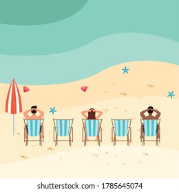 interracial people on the beach practicing social distance vector illustration design