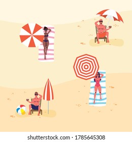interracial people on the beach practicing social distance vector illustration design