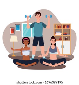 interracial people practicing exercise in the house vector illustration design
