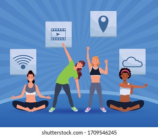 interracial people practicing online exercise and yoga for quarantine vector illustration design