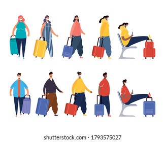 interracial people travelers with suitcases avatars characters vector illustration design