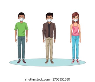 personas interraciales usando máscaras faciales personajes ilustración vectorial