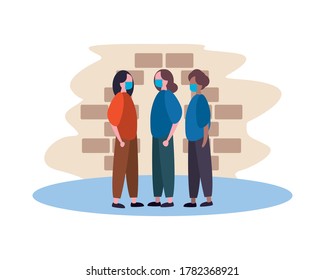 interracial people wearing medical masks characters vector illustration design