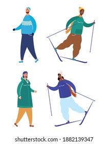interracial people wearing winter clothes practicing ski vector illustration design